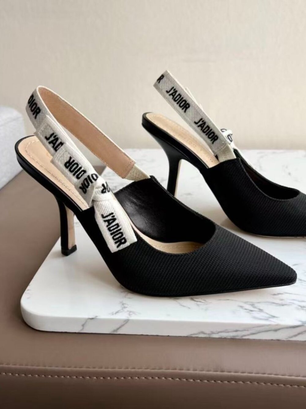 J'Adior Black Pointed Slingback Heels